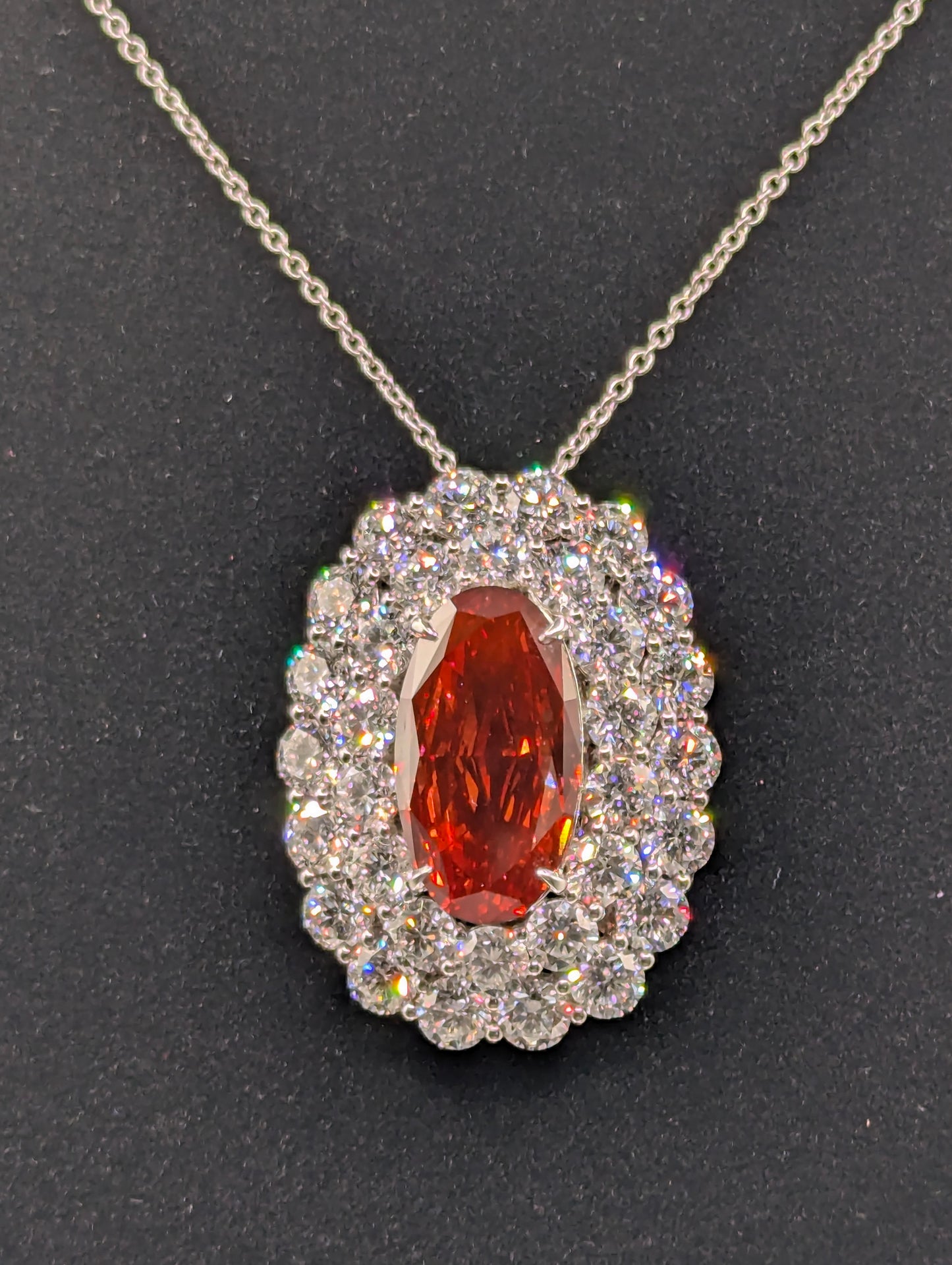 31 cttw Red Diamond, Double Halo Platinum Pendant Necklace, VS1, Lab-Grown